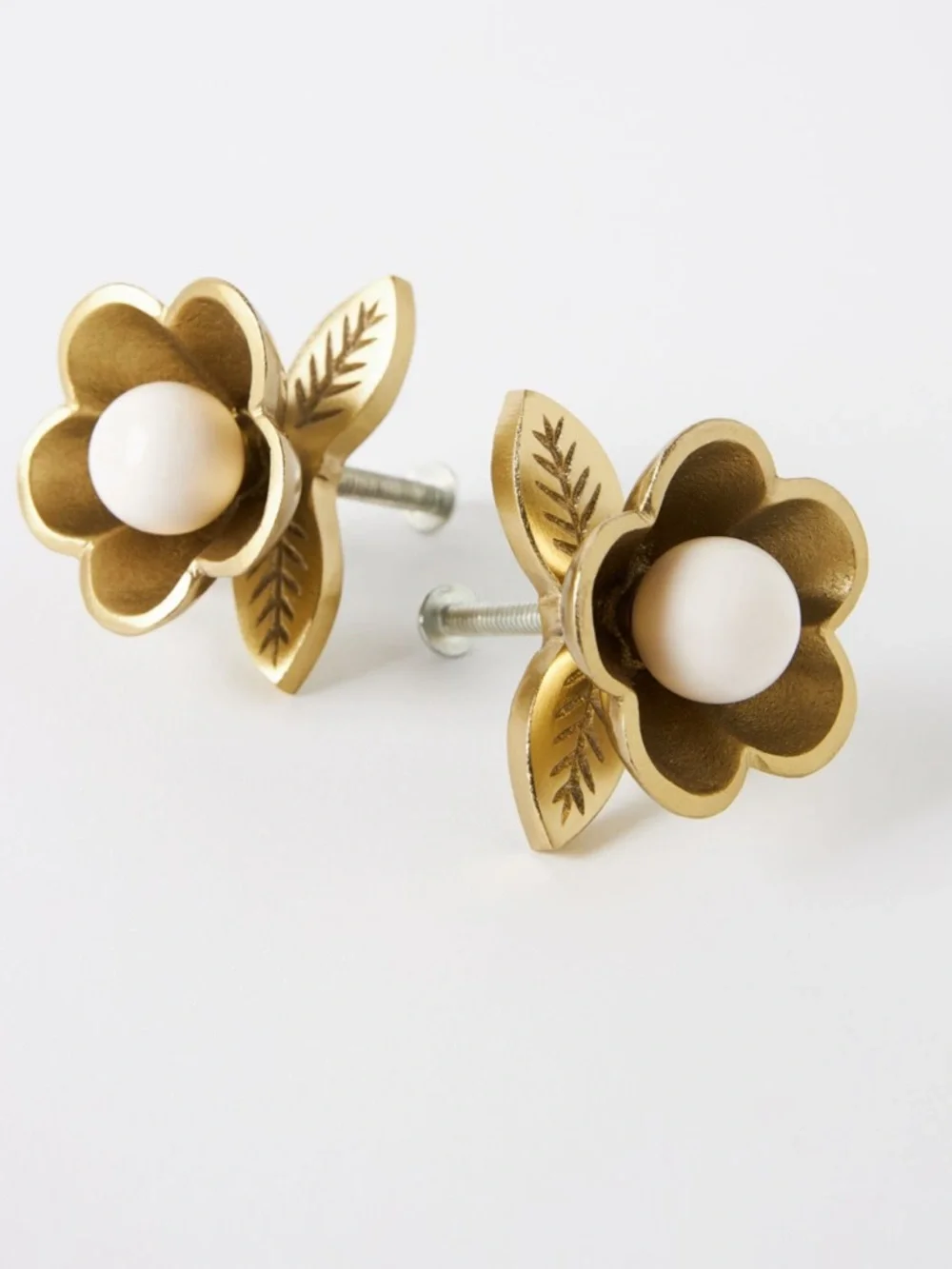 Anthropologie Gold Flower Knobs with White Center -